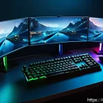 아이온 단축키 설정 - A detailed gaming setup scene focused on a high-tech keyboard and mouse with customizable RGB lighti...