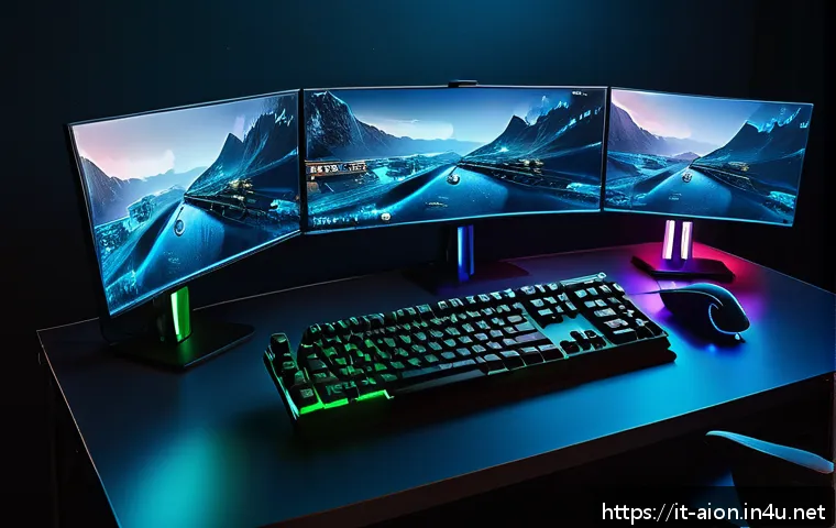 아이온 단축키 설정 - A detailed gaming setup scene focused on a high-tech keyboard and mouse with customizable RGB lighti...