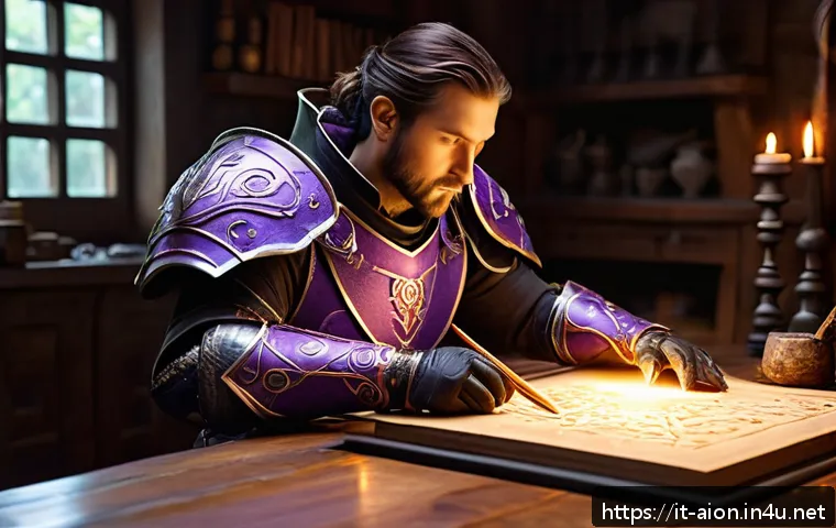 아이온 제작 아이템 등급 - A skilled fantasy craftsman&rsquo;s workshop, filled with glowing rare materials and magical tools, crafti...