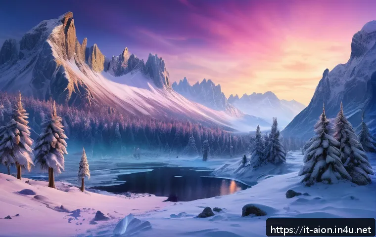 아이온 시즌별 이벤트 - A stunning winter fantasy landscape showcasing the "Valley of Nivis" from Aion, featuring snow-cover...
