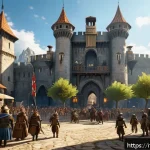 아이온 마스터 서버 정보 - A vibrant MMORPG game server scene depicting a crowded PvP environment in a medieval fantasy world, ...
