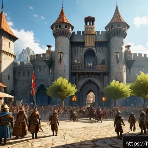 아이온 마스터 서버 정보 - A vibrant MMORPG game server scene depicting a crowded PvP environment in a medieval fantasy world, ...