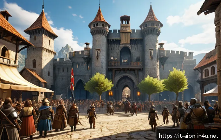 아이온 마스터 서버 정보 - A vibrant MMORPG game server scene depicting a crowded PvP environment in a medieval fantasy world, ...