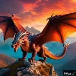 아이온 탈것 종류 - A majestic flying dragon soaring high above rugged mountain peaks under a vibrant sunset sky, detail...