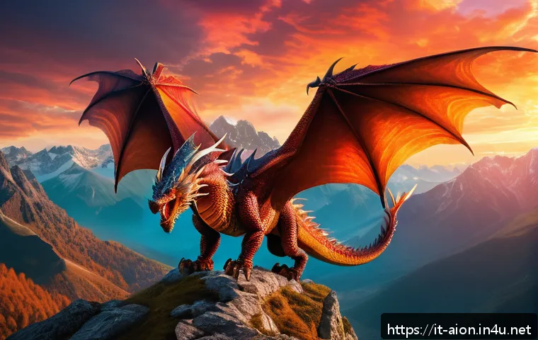 아이온 탈것 종류 - A majestic flying dragon soaring high above rugged mountain peaks under a vibrant sunset sky, detail...