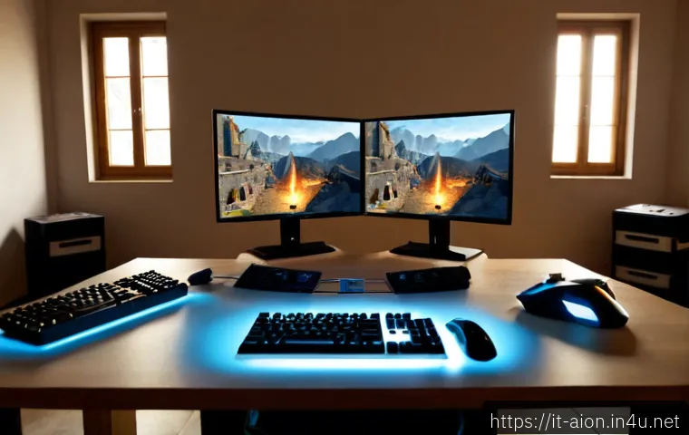 Home 17 아이온 서버 간 차이점 - Photorealistic gaming comparison scene, an Italian young adult at a clean home desk viewing two side...